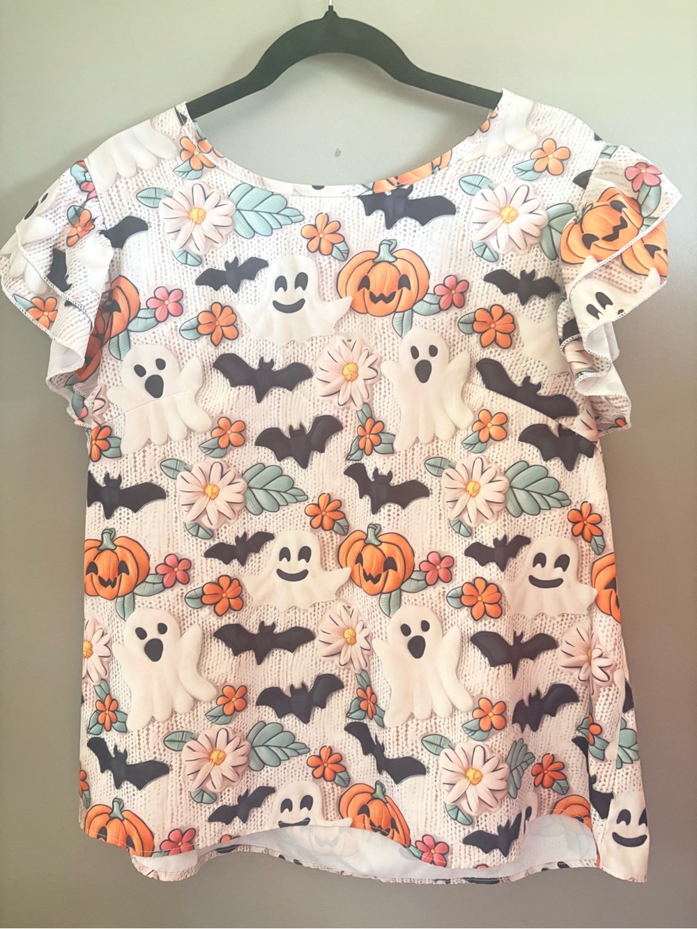 Halloween Ghost Pumpkin Bat Floral Flutter
Sleeve Top Plus Size 1XL